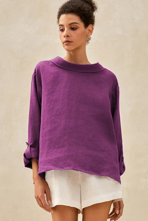 100% Linen Draped Neck Top HOLLIS - Violet Velvet / S - TOPS-Linen Blouses