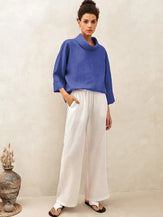 Linen-Cotton Dropped Collar Long-Sleeve Top TRISTAN - Royal Blue / S - TOPS-Linen Blouses