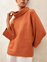 Linen-Cotton Dropped Collar Long-Sleeve Top TRISTAN - TOPS-Linen Blouses