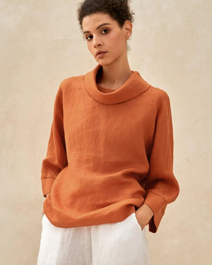 Linen-Cotton Dropped Collar Long-Sleeve Top TRISTAN - Sun Orange / S - TOPS-Linen Blouses