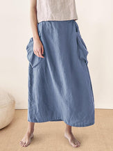 Linen-Cotton Elastic Waist Skirt MARINA - Dusty Blue / S - BOTTOMS-Linen Skirts