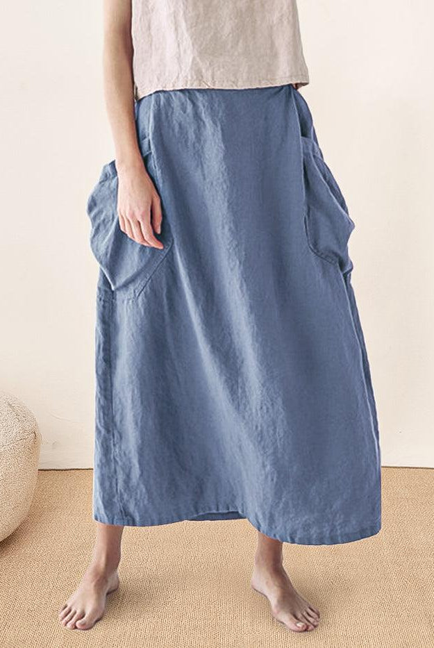 Linen Checked Elastic Waist Skirt - Dusty Blue / S - bottoms