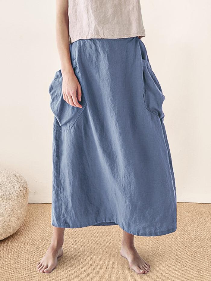 Linen Checked Elastic Waist Skirt - Dusty Blue / S - bottoms