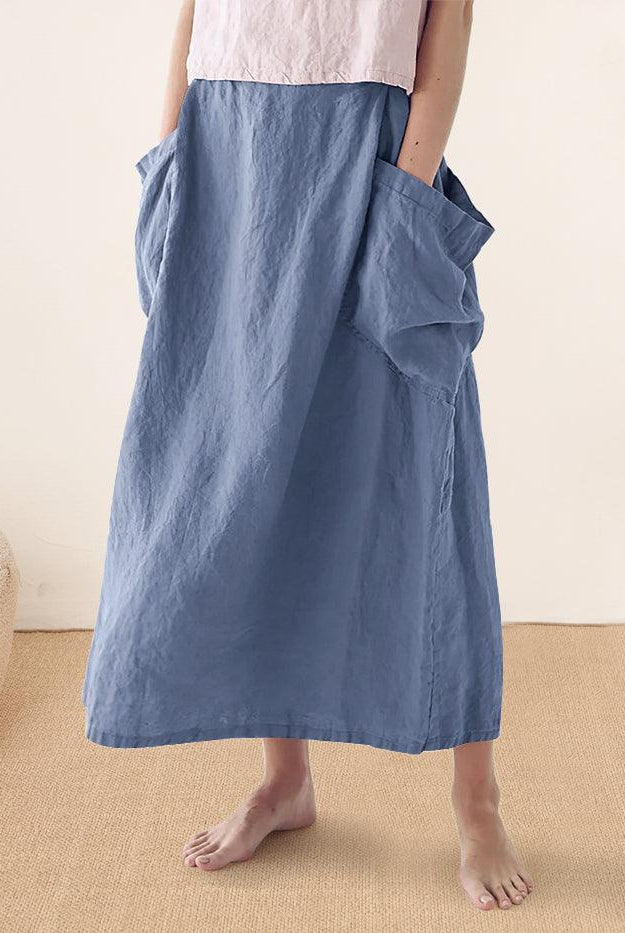 Linen Checked Elastic Waist Skirt - bottoms