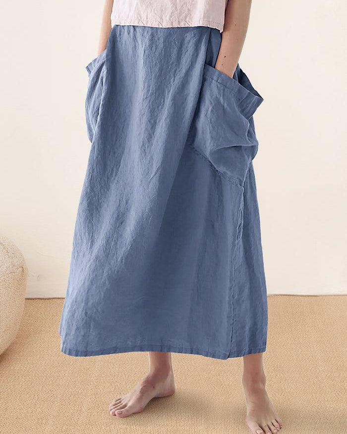 Linen Checked Elastic Waist Skirt - bottoms