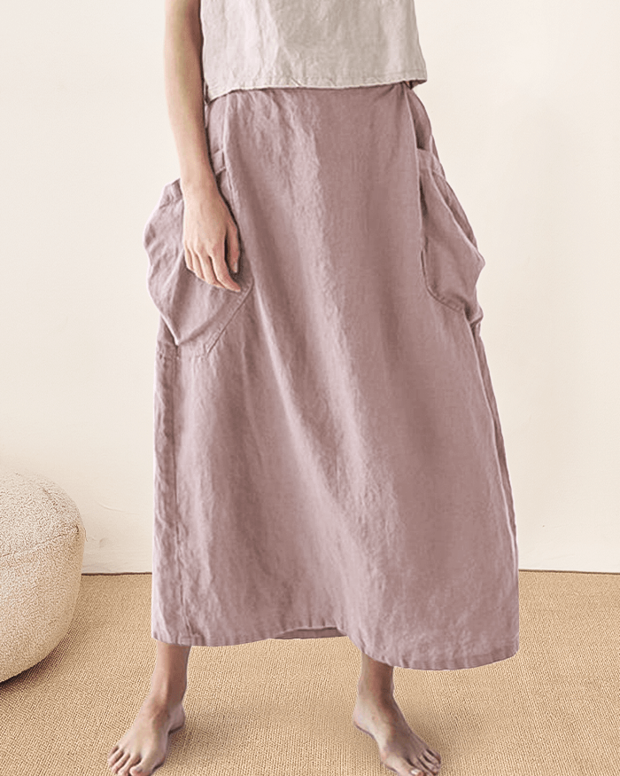 Linen Checked Elastic Waist Skirt - bottoms