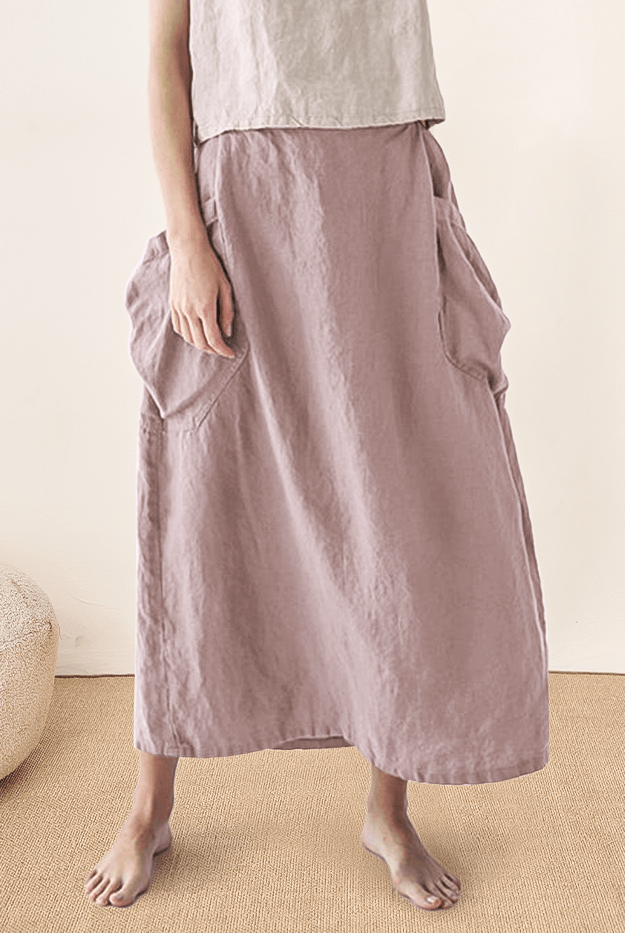 Linen Checked Elastic Waist Skirt - bottoms