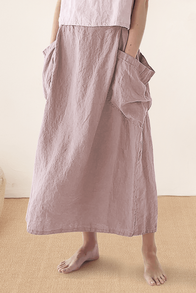 Linen Checked Elastic Waist Skirt - Pastel Pink / S - bottoms