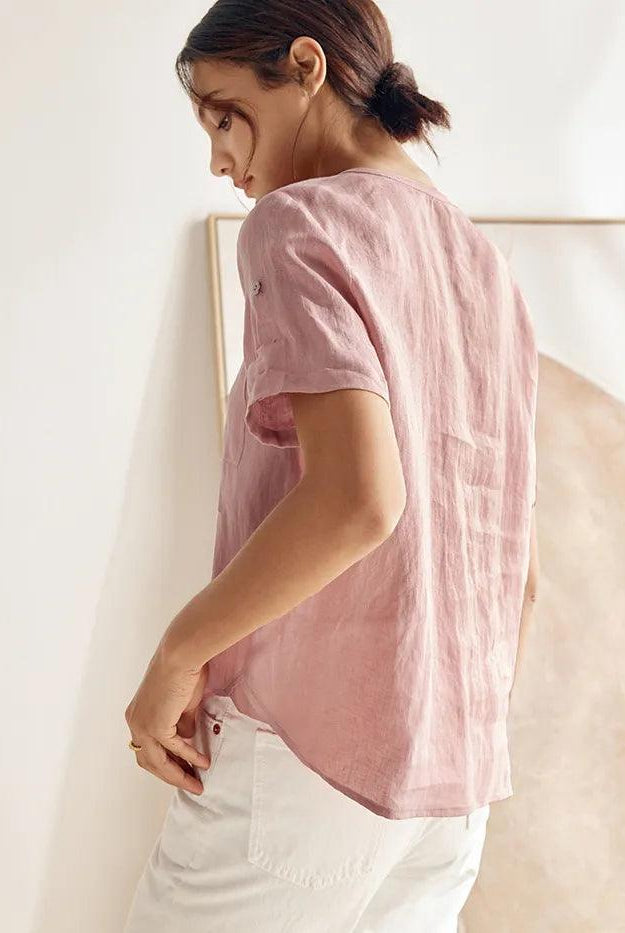 100% Linen Gathered-Neck Shirt - TOPS-Linen Blouses