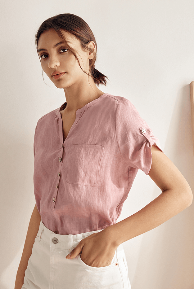 100% Linen Gathered-Neck Shirt - TOPS-Linen Blouses