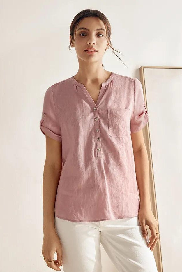 100% Linen Gathered-Neck Shirt - Light Pink / S - TOPS-Linen Blouses