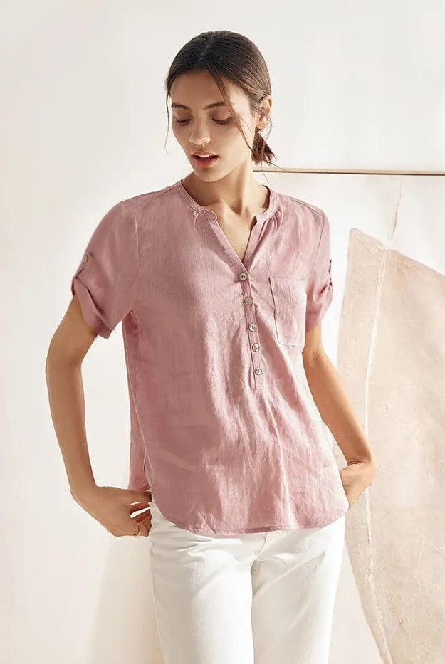 100% Linen Gathered-Neck Shirt - TOPS-Linen Blouses