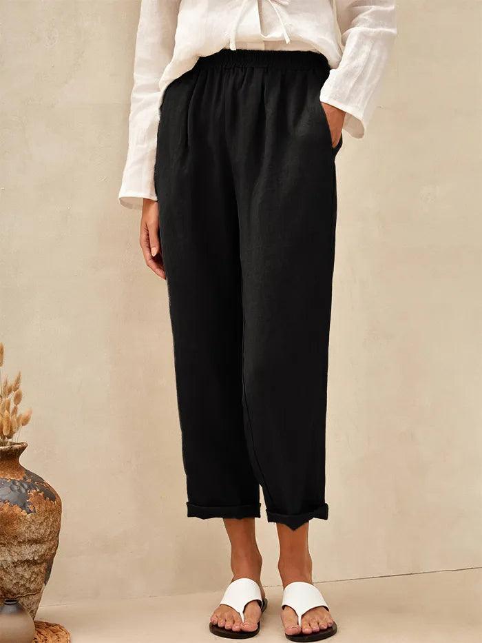 100% Linen High-Waisted Elasticated Trousers JOELLE - BOTTOMS-Linen Pants