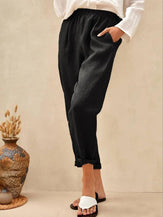 100% Linen High-Waisted Elasticated Trousers JOELLE - Charcoal Black / S - BOTTOMS-Linen Pants