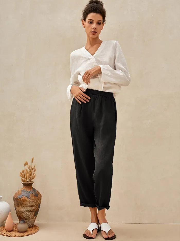 100% Linen High-Waisted Elasticated Trousers JOELLE - BOTTOMS-Linen Pants