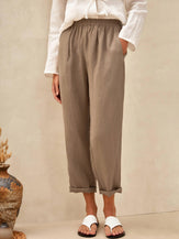 100% Linen High-Waisted Elasticated Trousers JOELLE - Taupe / S - BOTTOMS-Linen Pants