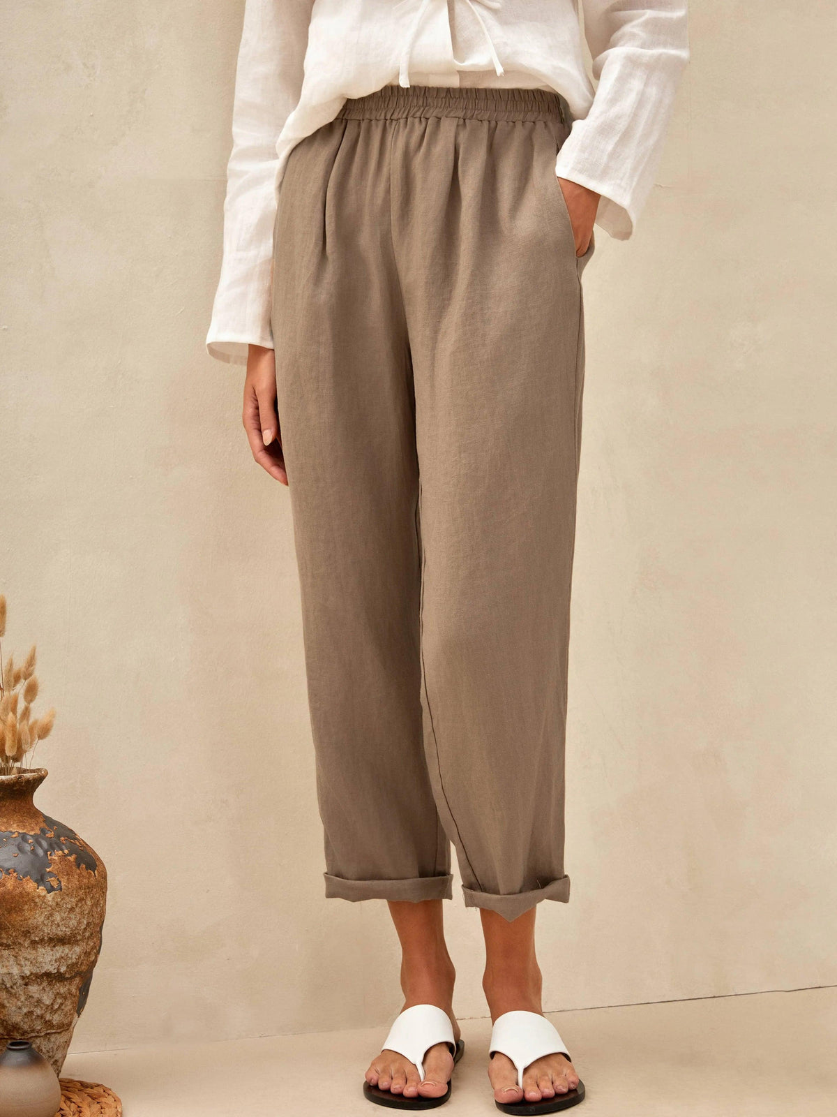 100% Linen High-Waisted Elasticated Trousers JOELLE - Taupe / S - BOTTOMS-Linen Pants
