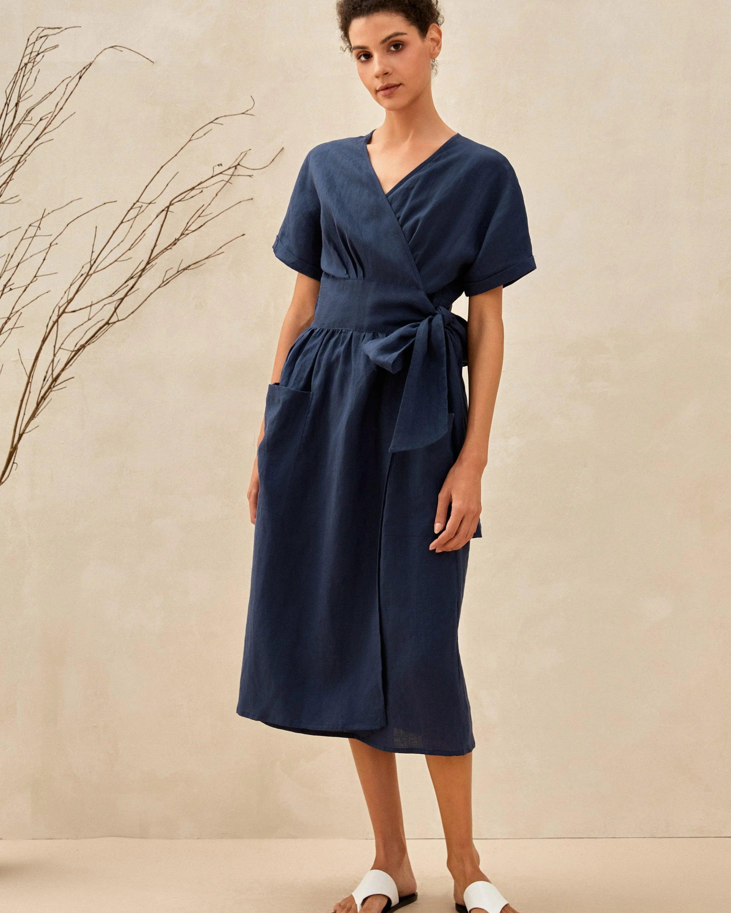 100% Linen Kimono Dress CELESTE - DRESSES-Linen Midi