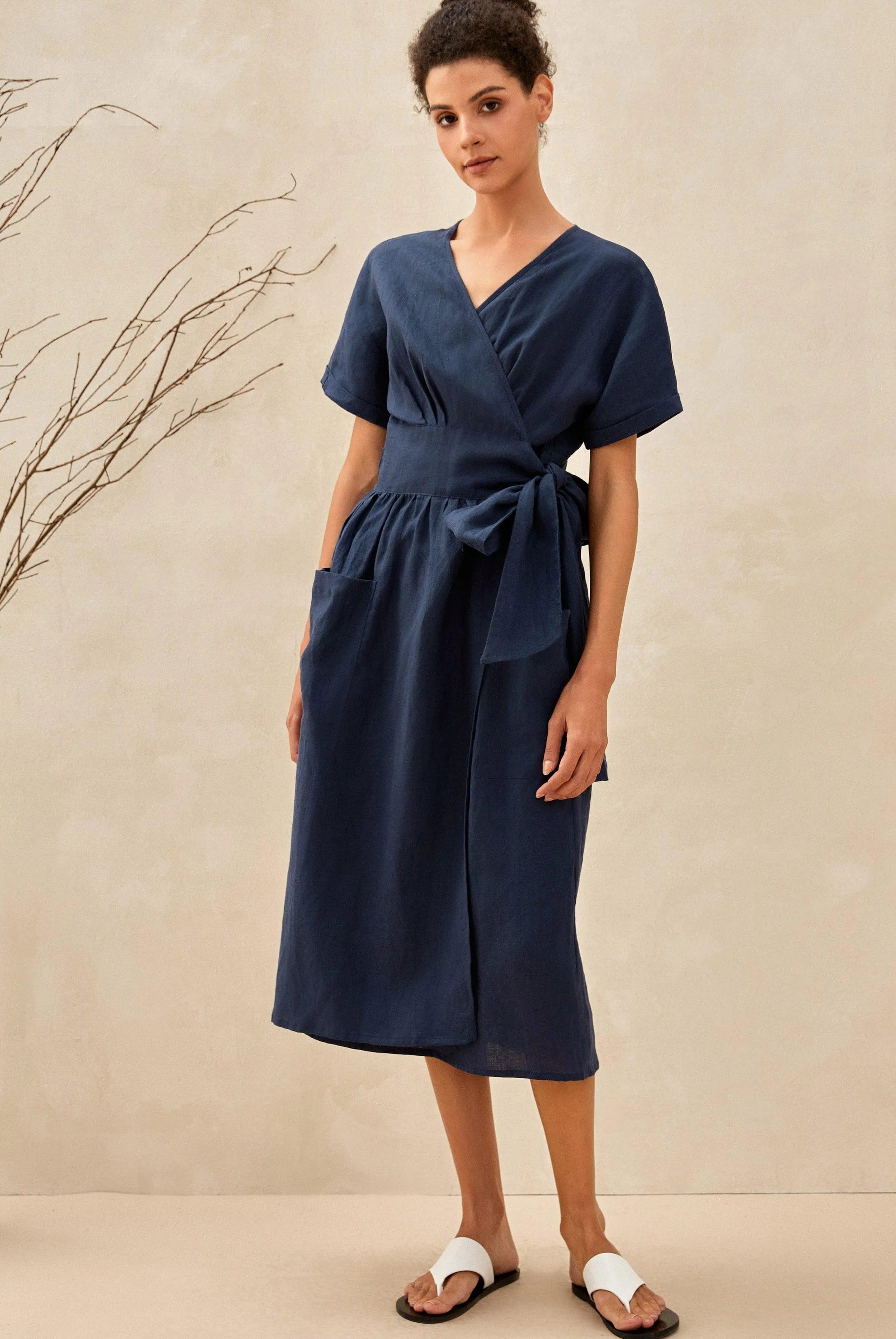 100% Linen Kimono Dress CELESTE - DRESSES-Linen Midi