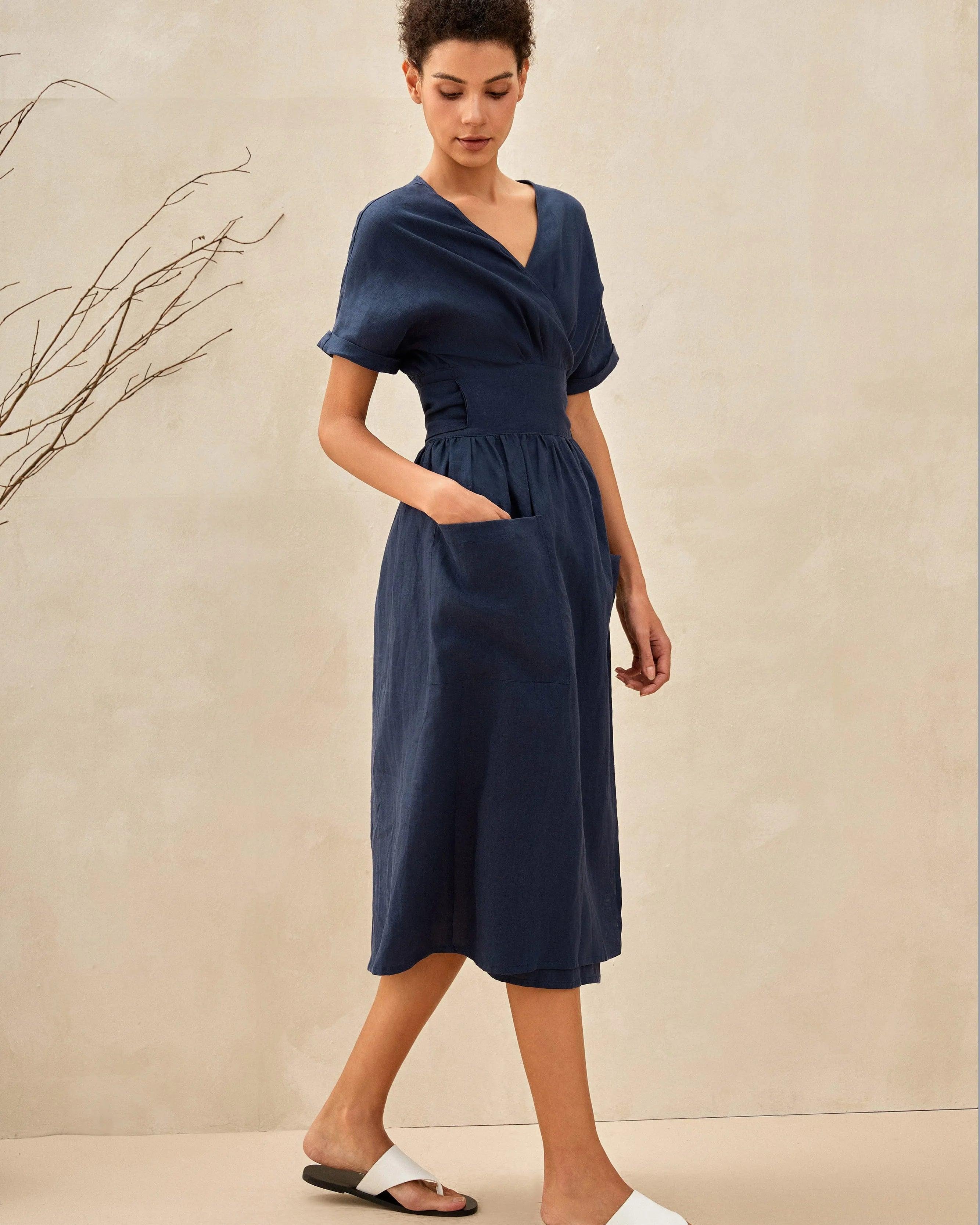 100% Linen Kimono Dress CELESTE - DRESSES-Linen Midi