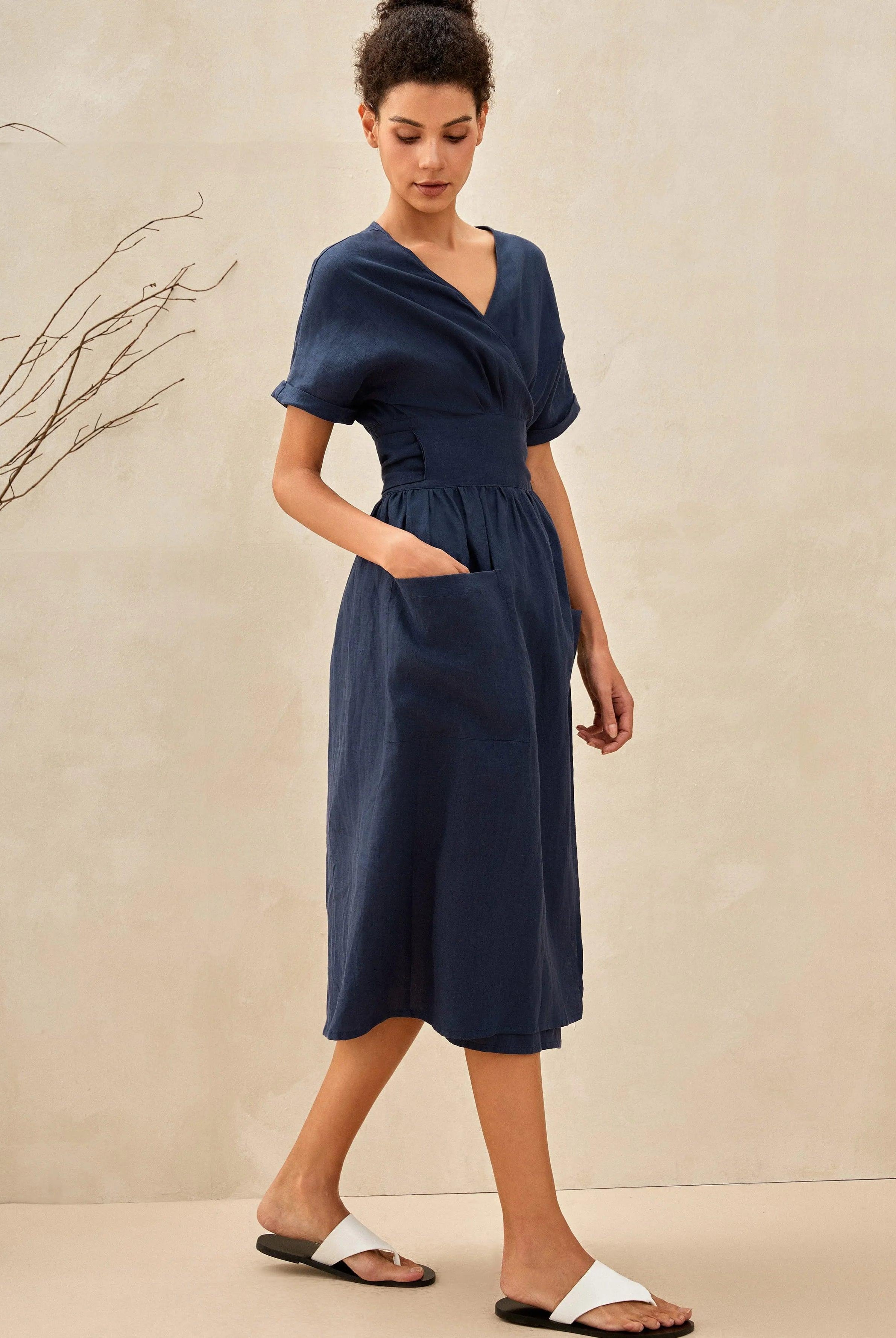 100% Linen Kimono Dress CELESTE - DRESSES-Linen Midi