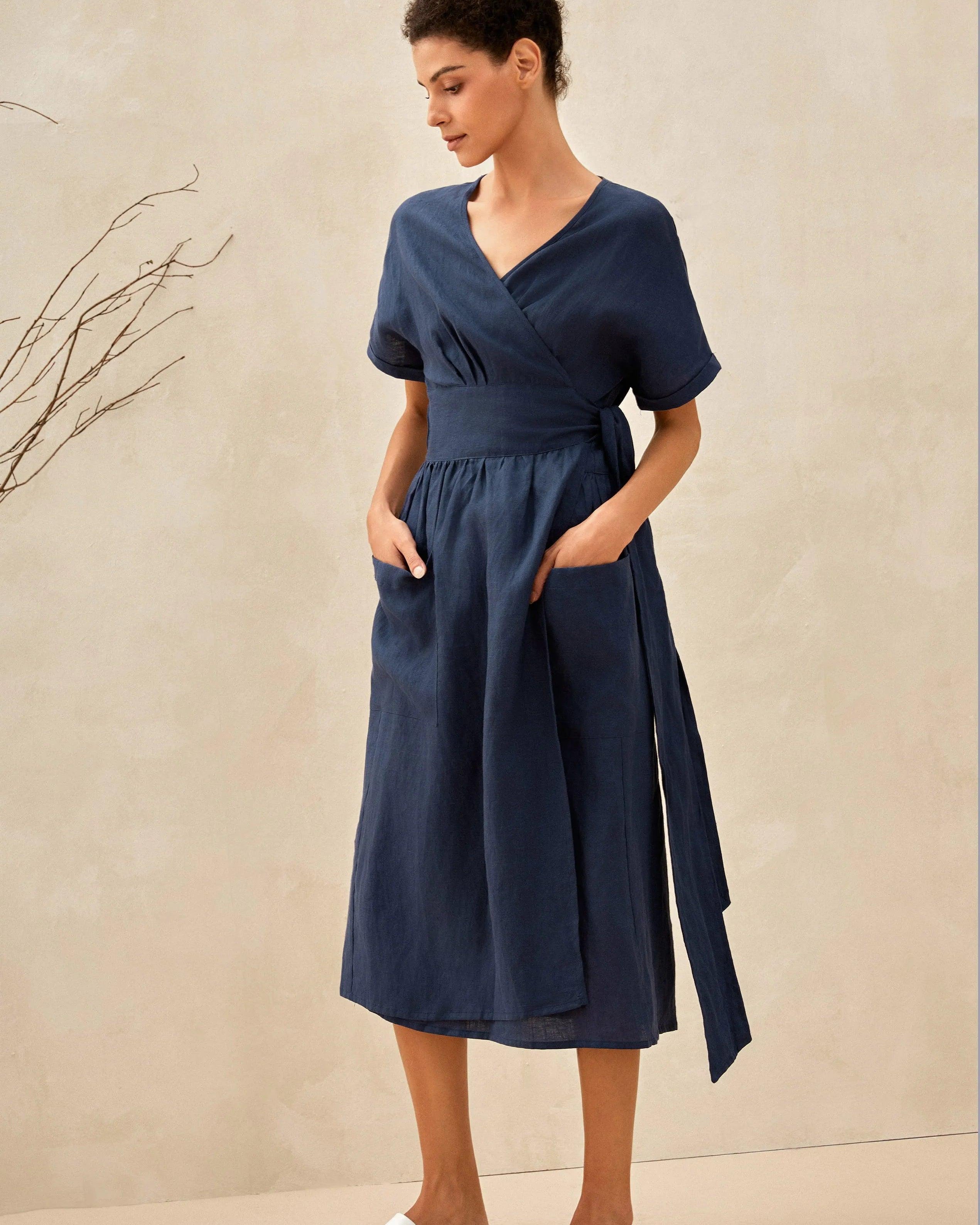 100% Linen Kimono Dress CELESTE - Navy Blue / S - DRESSES-Linen Midi