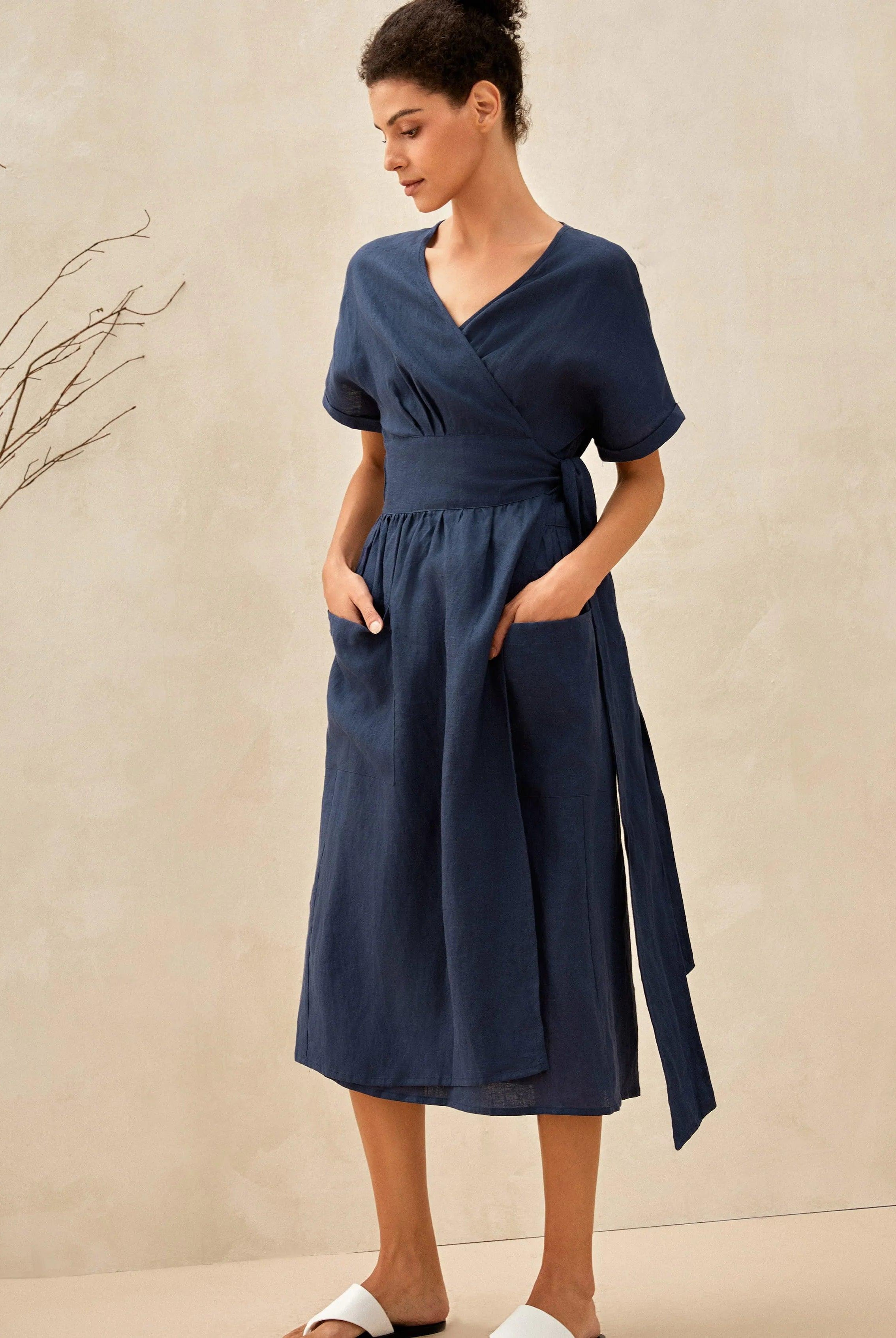 100% Linen Kimono Dress CELESTE - Navy Blue / S - DRESSES-Linen Midi