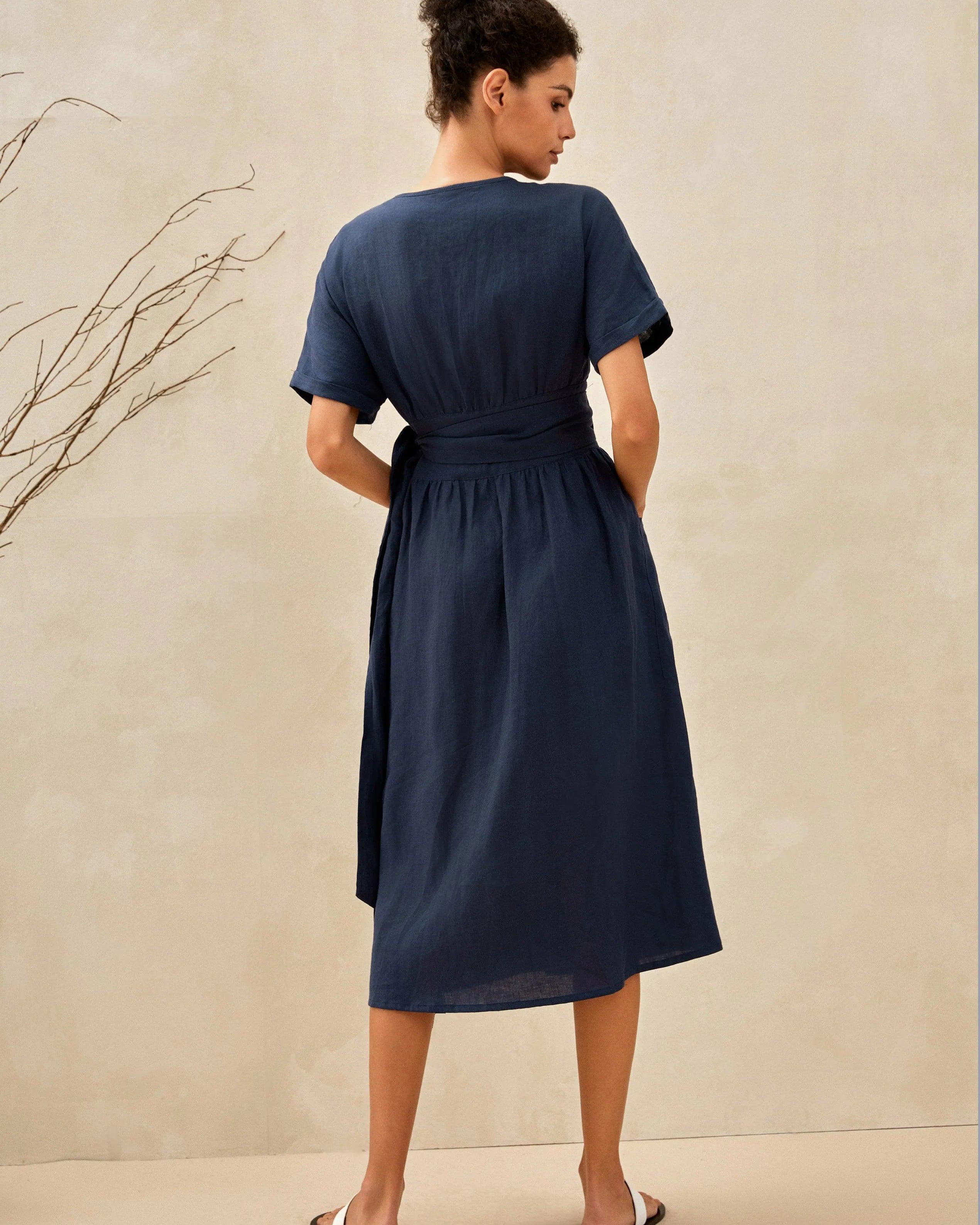 100% Linen Kimono Dress CELESTE - DRESSES-Linen Midi