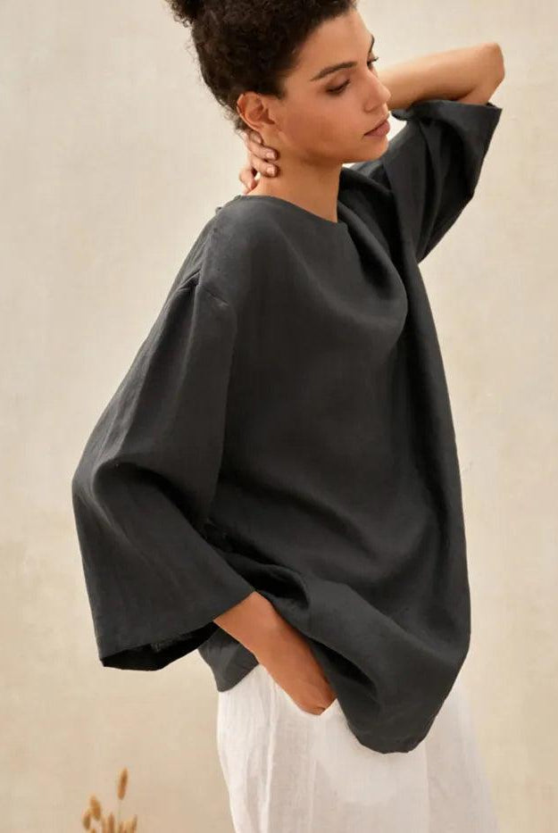 100% Linen Loose Long Shirt LILY - TOPS-Linen Tunics