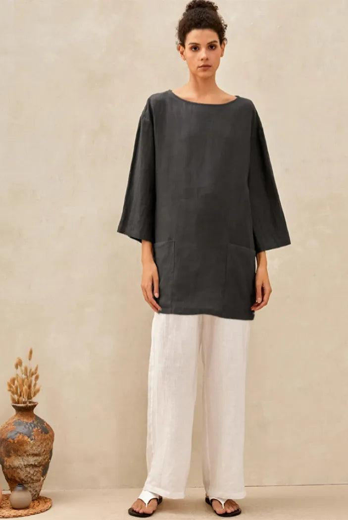 100% Linen Loose Long Shirt LILY - TOPS-Linen Tunics