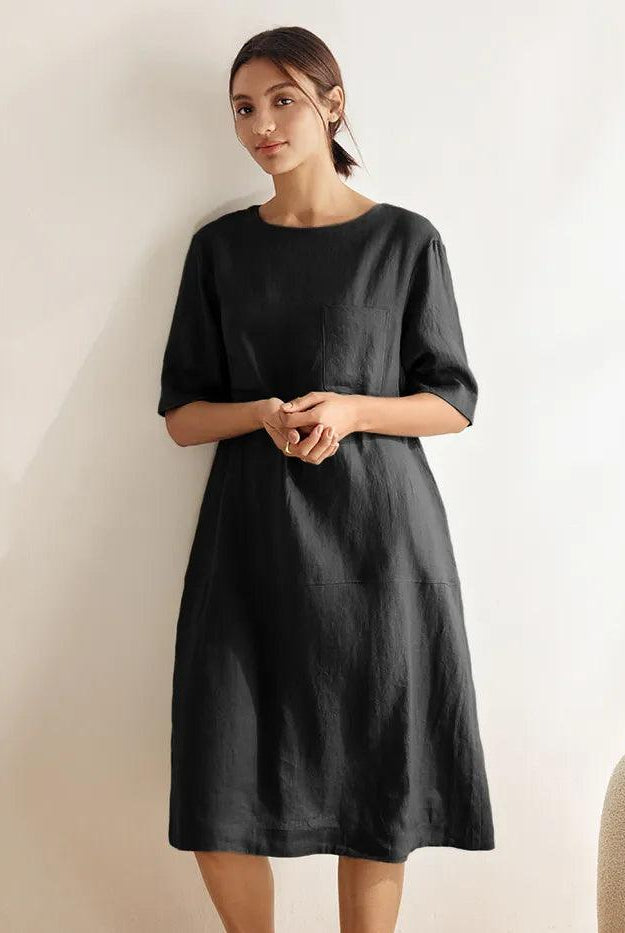 100% Linen Mid-Sleeve Maxi Dress GEORGINA - DRESSES-Linen