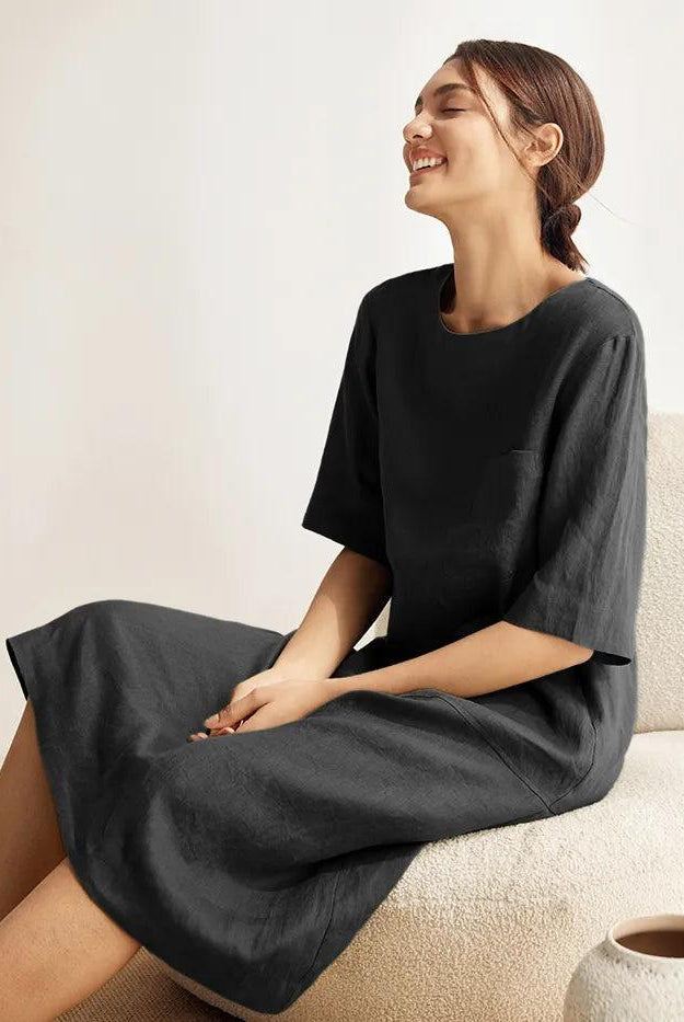 100% Linen Mid-Sleeve Maxi Dress GEORGINA - DRESSES-Linen