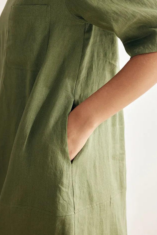 100% Linen Mid-Sleeve Maxi Dress GEORGINA - DRESSES-Linen