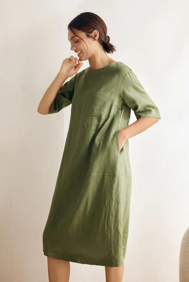 100% Linen Mid-Sleeve Maxi Dress GEORGINA - DRESSES-Linen