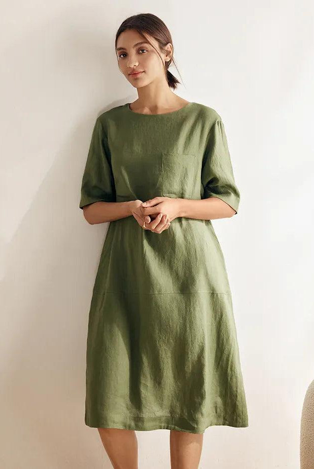 100% Linen Mid-Sleeve Maxi Dress GEORGINA - DRESSES-Linen