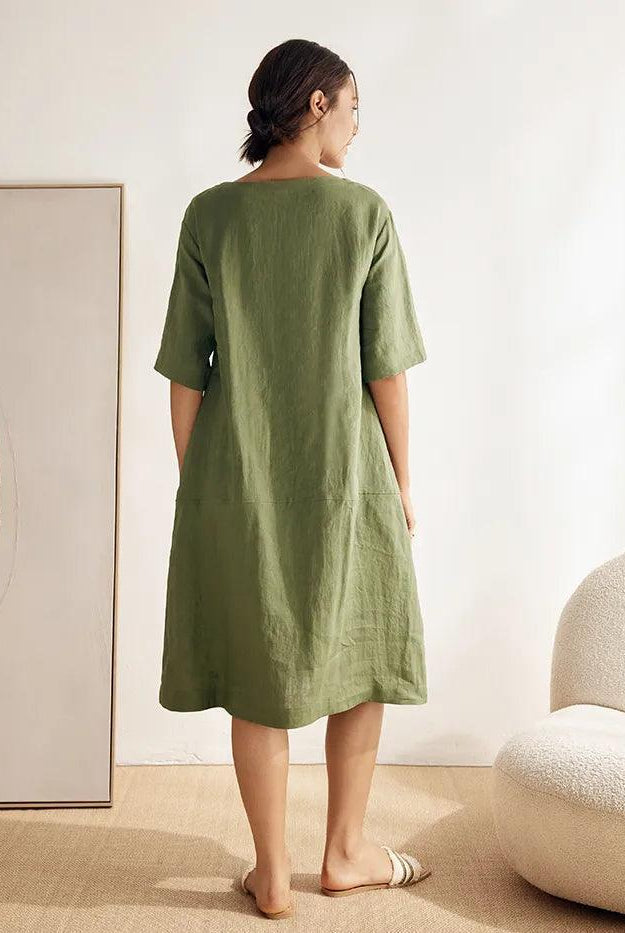 100% Linen Mid-Sleeve Maxi Dress GEORGINA - DRESSES-Linen