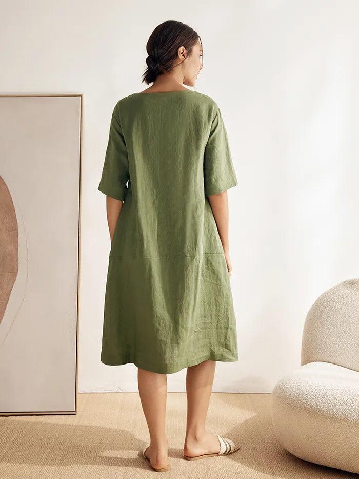 100% Linen Mid-Sleeve Maxi Dress GEORGINA - DRESSES-Linen
