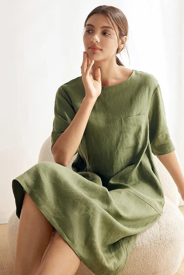 100% Linen Mid-Sleeve Maxi Dress GEORGINA - DRESSES-Linen