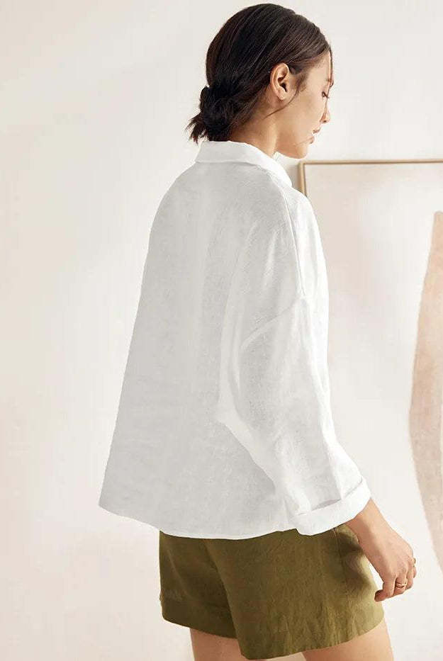 Linen Oversized Fit Pocket Shirt ELOWEN - TOPS-Linen Blouses