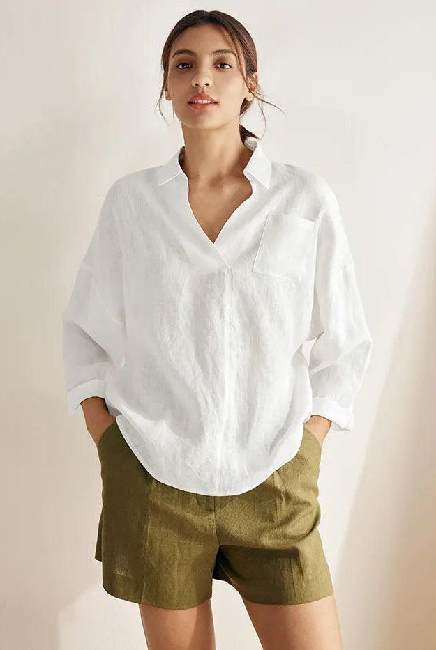 Linen Oversized Fit Pocket Shirt ELOWEN - Optic White / XS - TOPS-Linen Blouses