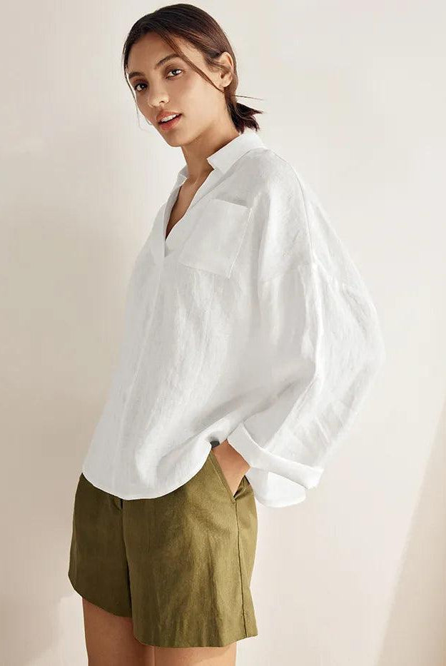 Linen Oversized Fit Pocket Shirt ELOWEN - TOPS-Linen Blouses