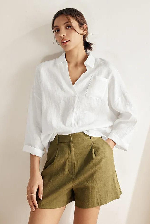 Linen Oversized Fit Pocket Shirt ELOWEN - TOPS-Linen Blouses