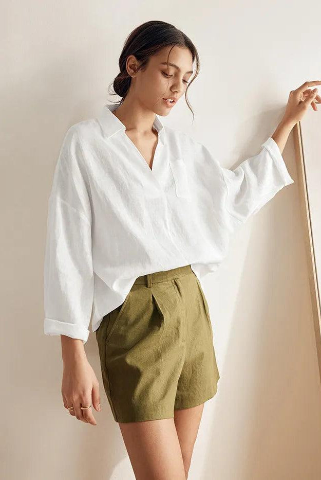 Linen Oversized Fit Pocket Shirt ELOWEN - TOPS-Linen Blouses