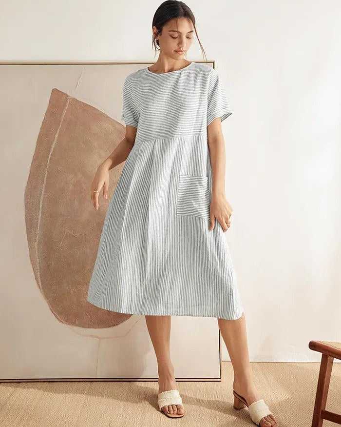 MORGAN 100% Linen Pinstripe Paneled Short-Sleeved Dress - DRESSES-Linen Midi