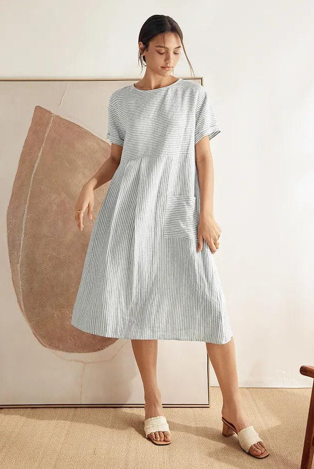 MORGAN 100% Linen Pinstripe Paneled Short-Sleeved Dress - DRESSES-Linen Midi