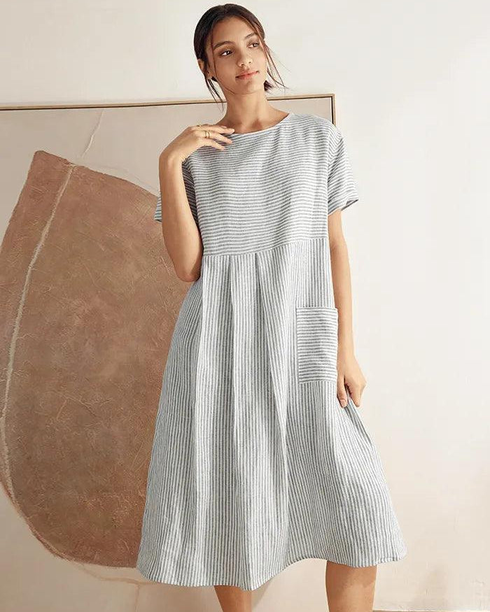 MORGAN 100% Linen Pinstripe Paneled Short-Sleeved Dress - DRESSES-Linen Midi