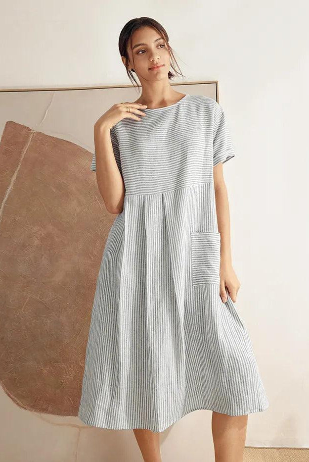 MORGAN 100% Linen Pinstripe Paneled Short-Sleeved Dress - DRESSES-Linen Midi