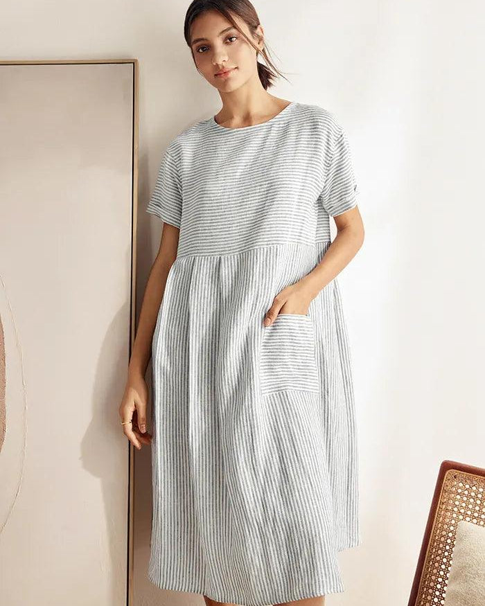 MORGAN 100% Linen Pinstripe Paneled Short-Sleeved Dress - DRESSES-Linen Midi