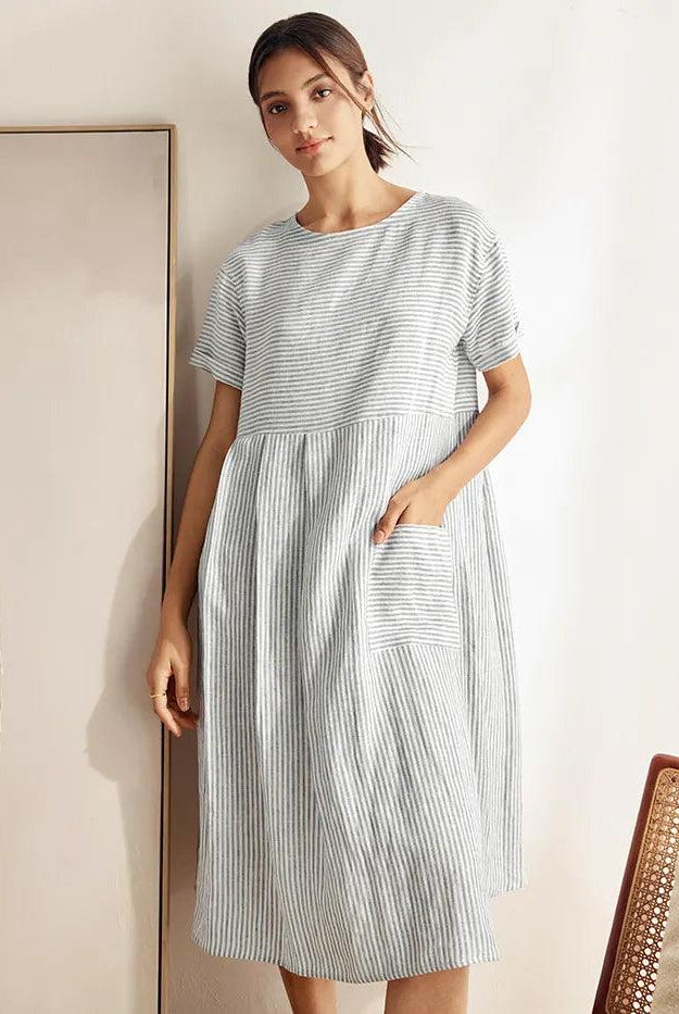 MORGAN 100% Linen Pinstripe Paneled Short-Sleeved Dress - DRESSES-Linen Midi