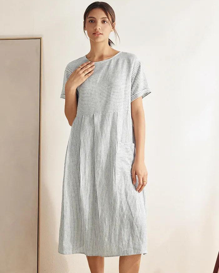 MORGAN 100% Linen Pinstripe Paneled Short-Sleeved Dress - Blue Stripe / S - DRESSES-Linen Midi